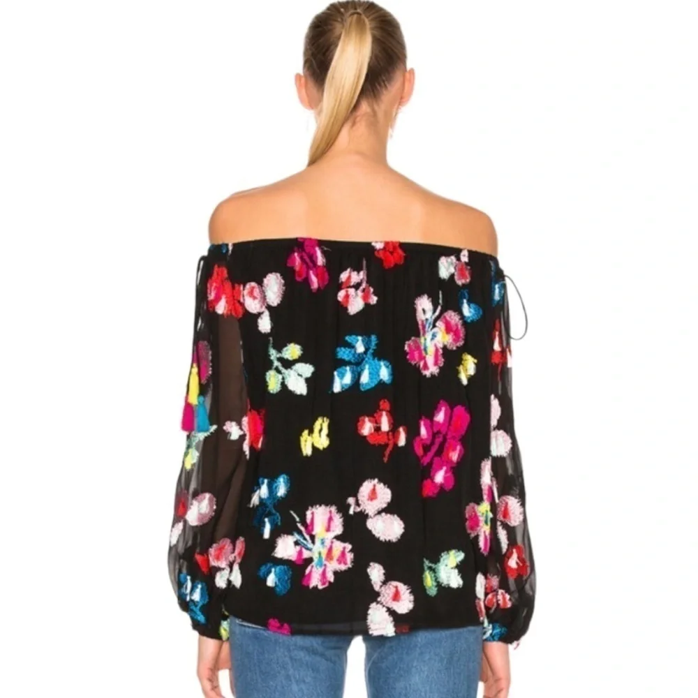 Tanya Taylor Georgette Tessa Black Silk Floral Embroidered Tassel Accent Top 8 - Picture 5 of 14